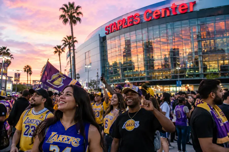 Los Angeles basketball fans watching a game together in purple and gold apparel
