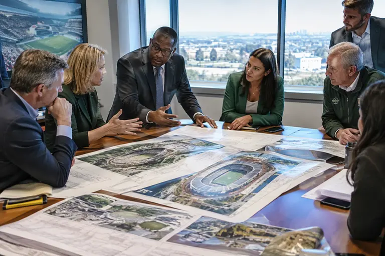 Open fairgrounds area near a city prepared for possible stadium planning