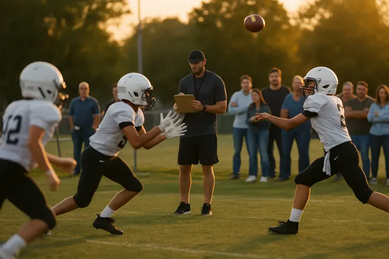 Receiver runs a route during a high school football practice in Southern California