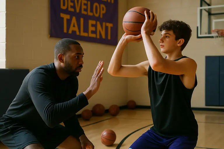 Young guards wait near the sideline during a professional basketball workout